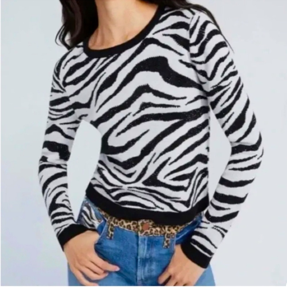 Alice + Olivia Crystal Embellished Zebra Print Wool Crew Neck Sweater XS